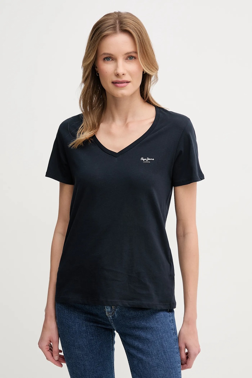 Pepe Jeans tricou din bumbac MACY V-NECK femei, culoarea albastru marin, PL506051