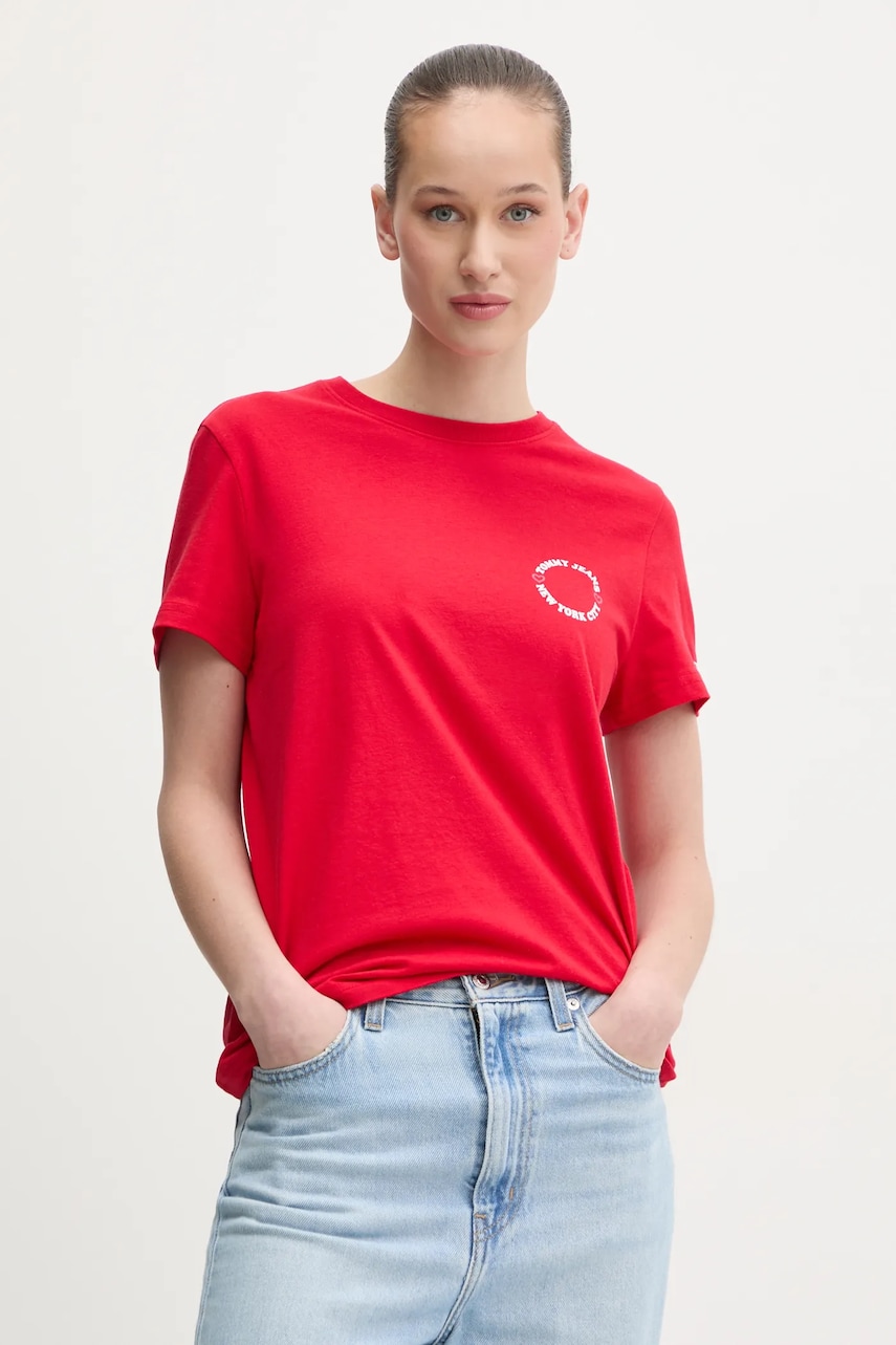 Tommy Jeans tricou din bumbac femei, culoarea rosu, DW0DW21768 Tommy Jeans tricou din bumbac femei, culoarea rosu, DW0DW21768