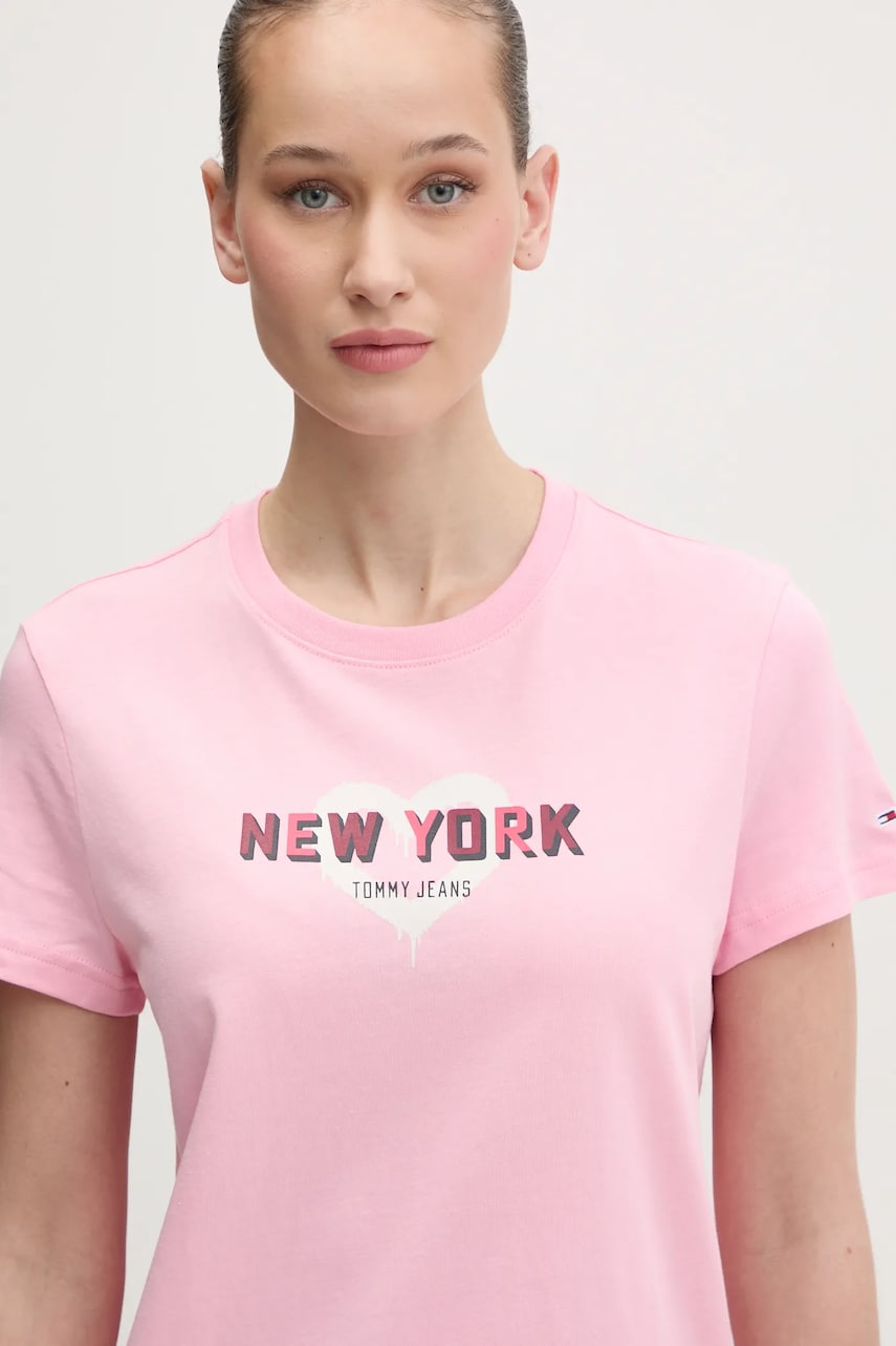 Tommy Jeans tricou din bumbac femei, culoarea roz, DW0DW21769 Tommy Jeans tricou din bumbac femei, culoarea roz, DW0DW21769