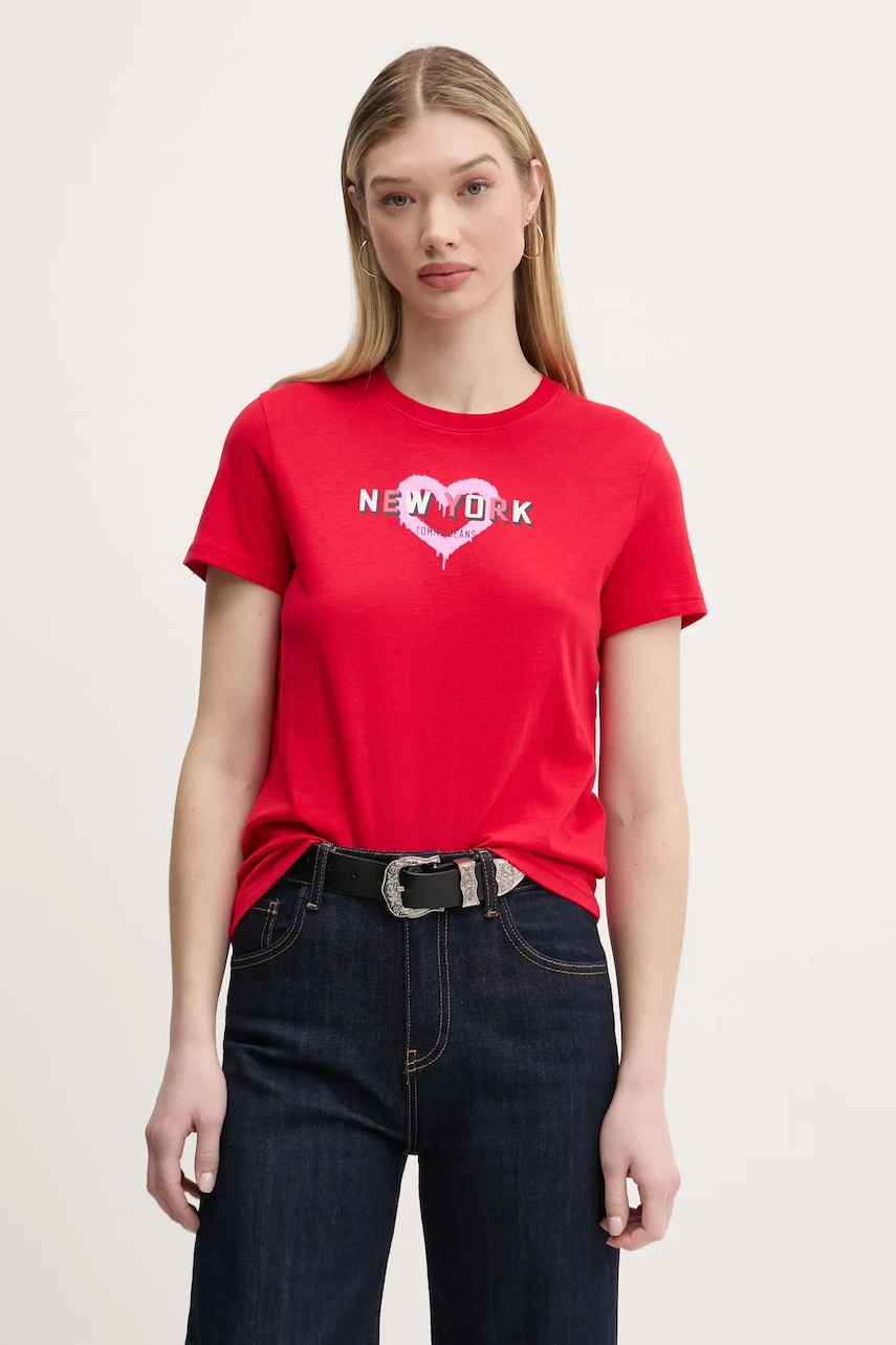 Tommy Jeans tricou din bumbac femei, culoarea rosu, DW0DW21769 Tommy Jeans tricou din bumbac femei, culoarea rosu, DW0DW21769