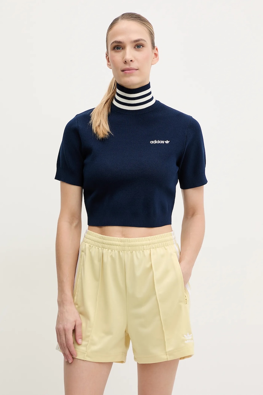 adidas Originals tricou CROP TURTLENECK femei, culoarea bleumarin, cu guler, JC7680