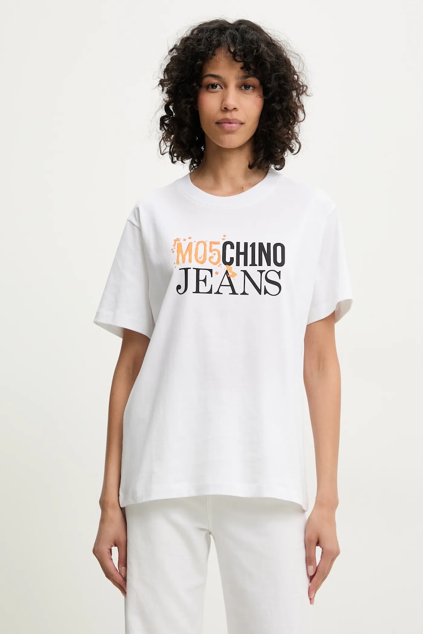 Moschino Jeans tricou din bumbac femei, culoarea alb, 0712 3732 Moschino Jeans tricou din bumbac femei, culoarea alb, 0712 3732