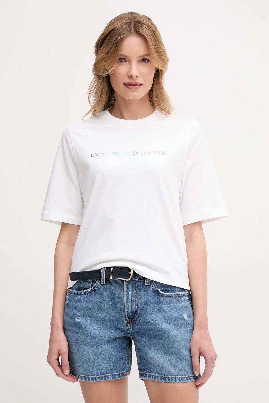 Levně Bavlněné tričko United Colors of Benetton dámské, bílá barva, 3BL0D109D