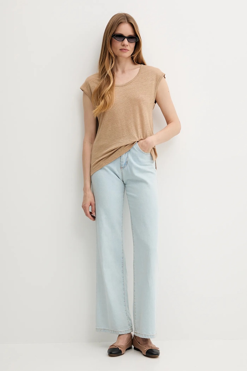 Льняная футболка United Colors of Benetton цвет бежевый 37UJE16B1