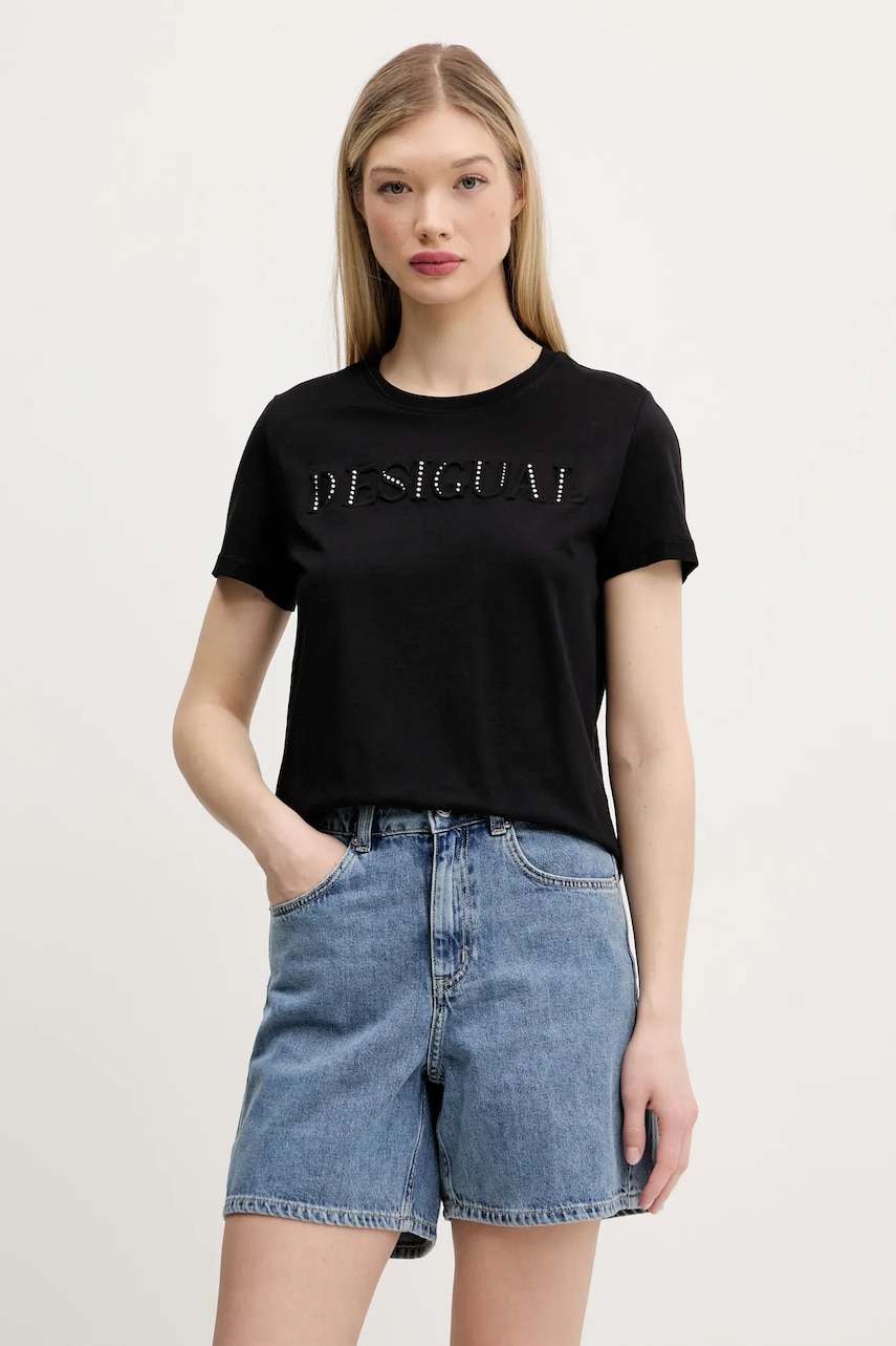 Desigual tricou din bumbac BRANDY femei, culoarea negru, 25SWTK17 Desigual tricou din bumbac BRANDY femei, culoarea negru, 25SWTK17