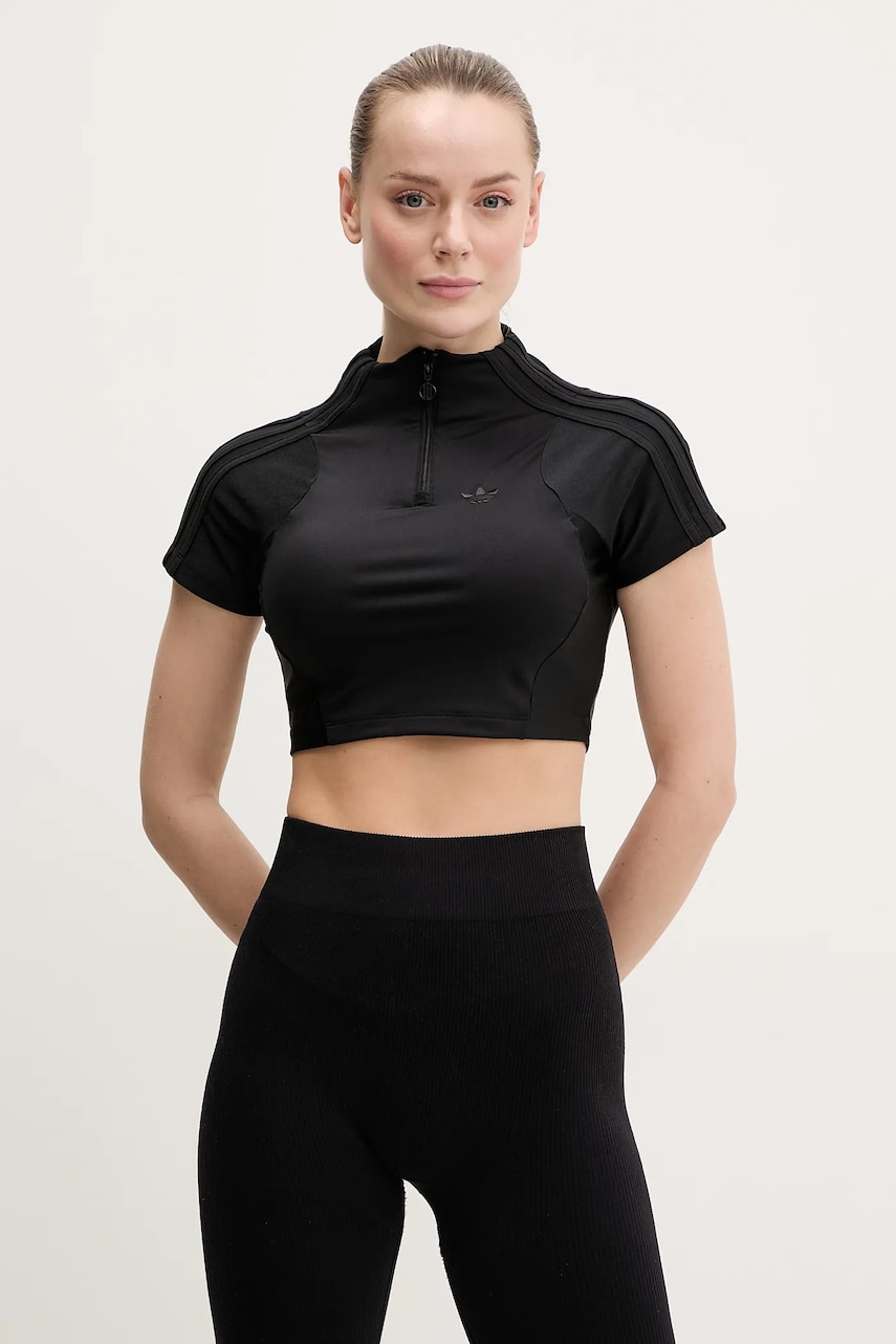 adidas Originals tricou Zip Up Crop Top femei, culoarea negru, cu turtleneck, JJ0917 adidas Originals tricou Zip Up Crop Top femei, culoarea negru, cu turtleneck, JJ0917