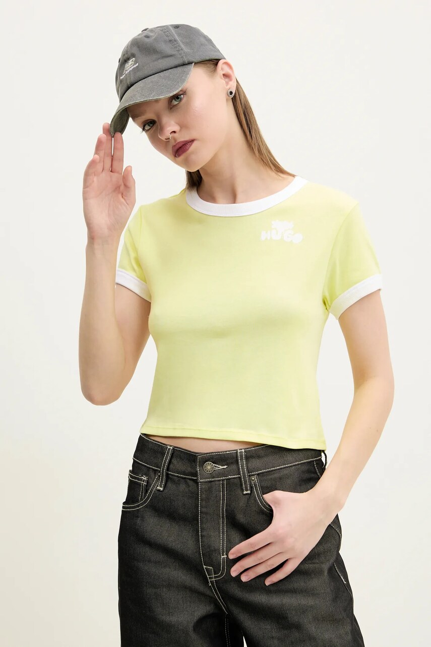 Hugo Blue tricou din bumbac femei, culoarea galben, 50537476