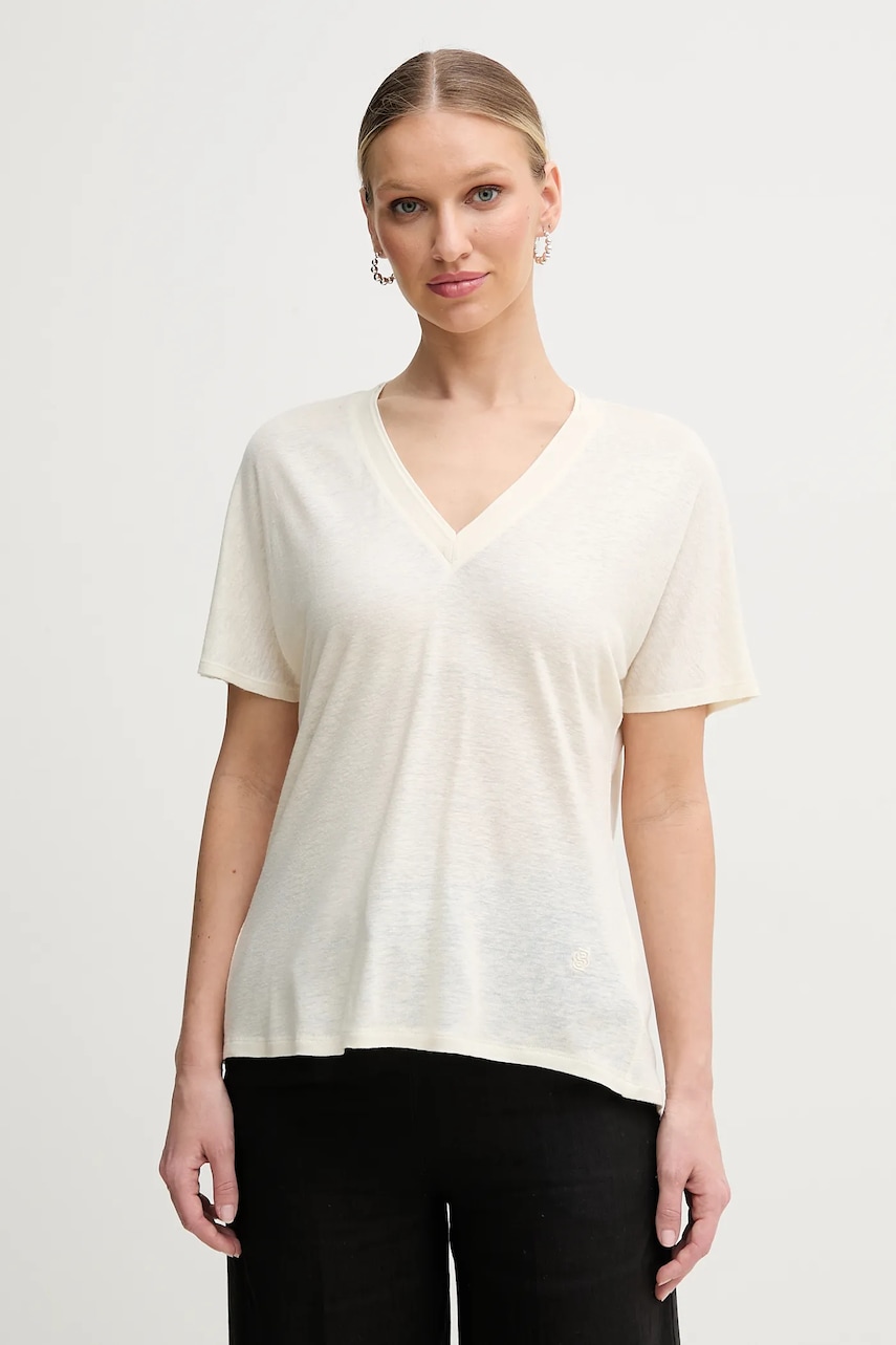 BOSS tricou din amestec de in femei, culoarea bej, 50537543