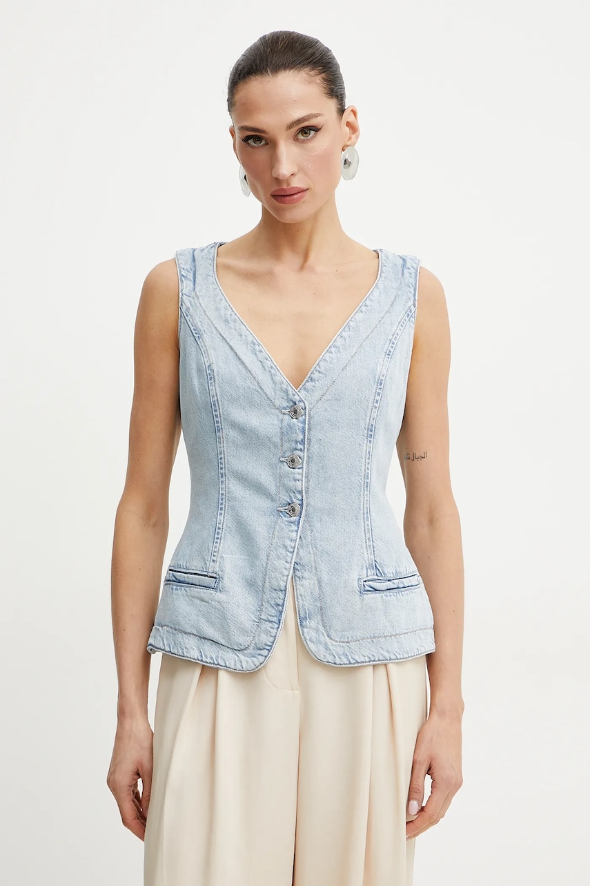 Levně Džínová vesta Guess RIVA modrá barva, jednořadá, W5GN89 D5B96