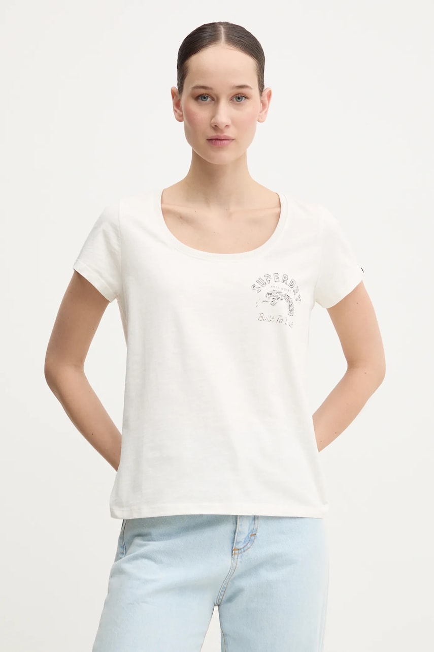 Superdry tricou din bumbac femei, culoarea bej, W1011613A-1KZ Superdry tricou din bumbac femei, culoarea bej, W1011613A-1KZ
