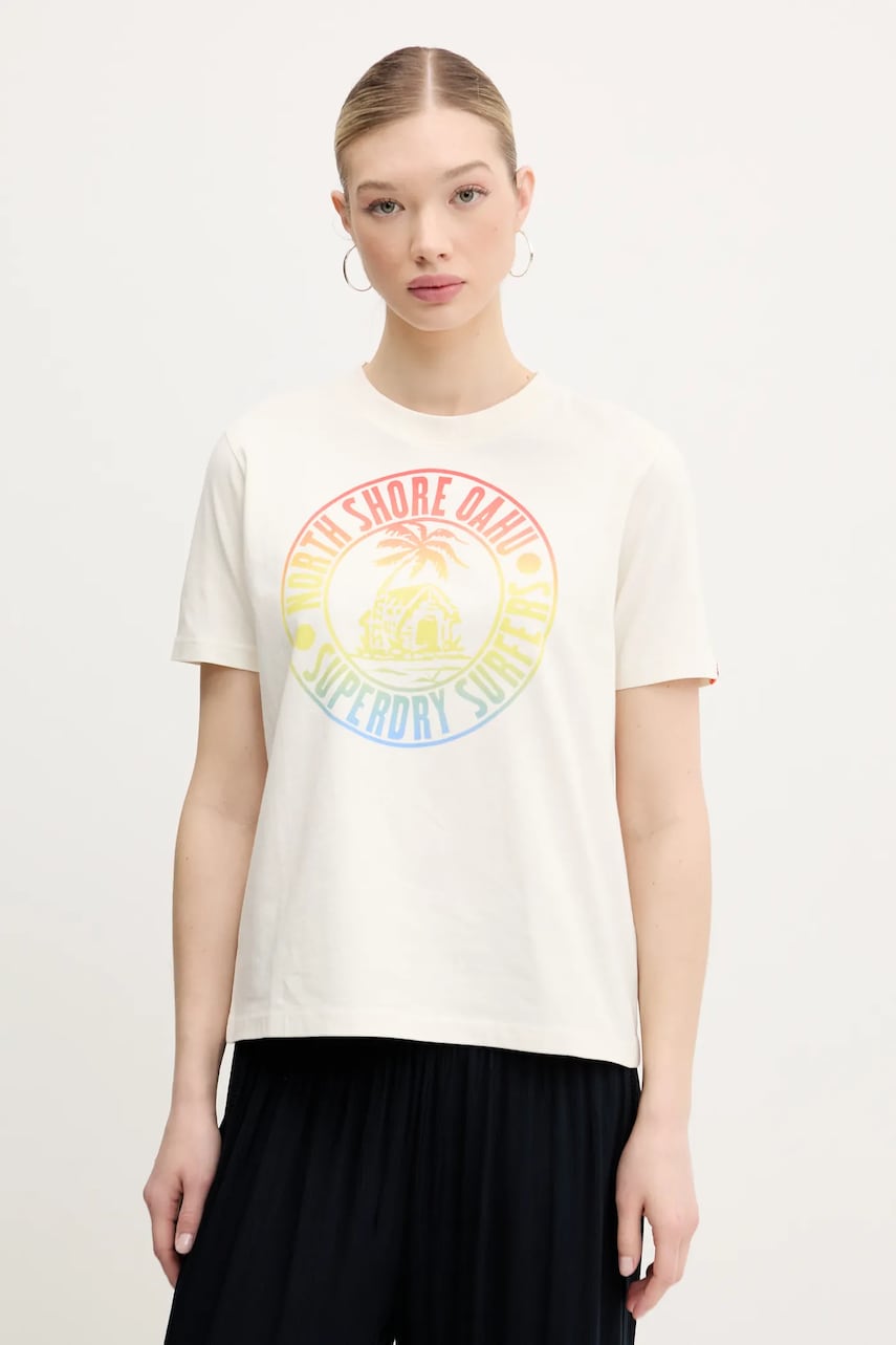 Superdry tricou din bumbac femei, culoarea bej, W1011614A-22C Superdry tricou din bumbac femei, culoarea bej, W1011614A-22C