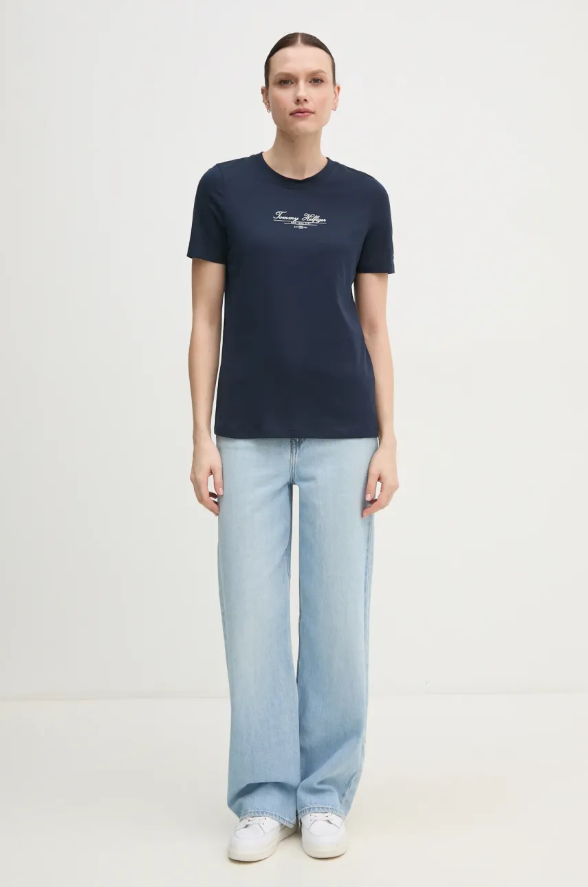 Хлопковая футболка Tommy Hilfiger женская цвет синий WW0WW45428 Хлопковая футболка Tommy Hilfiger женская цвет синий WW0WW45428