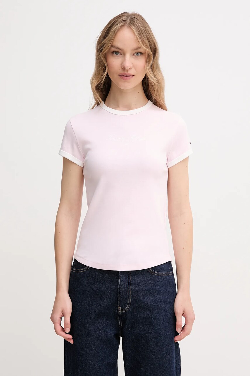 Levně Bavlněné tričko Tommy Hilfiger růžová barva, WW0WW44581