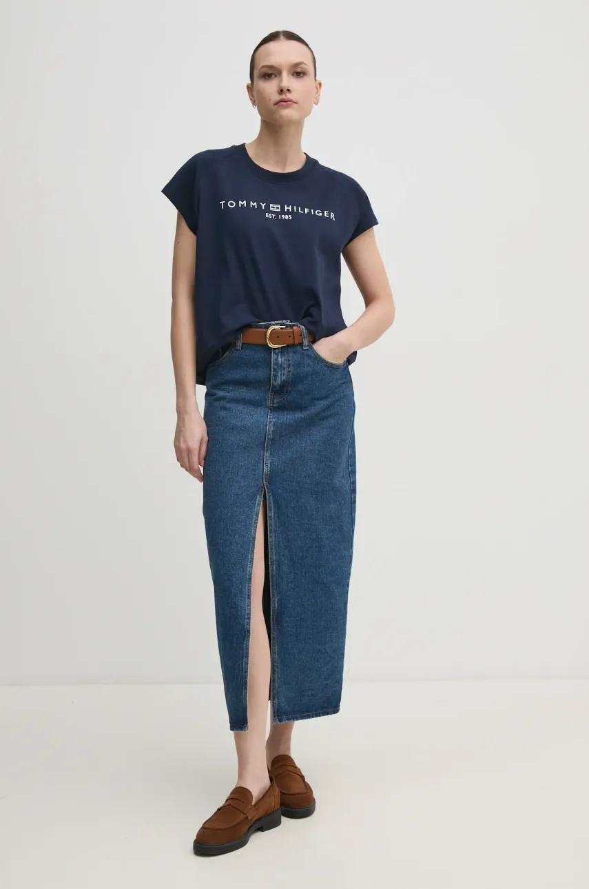 Хлопковая футболка Tommy Hilfiger женская цвет синий WW0WW46113 Хлопковая футболка Tommy Hilfiger женская цвет синий WW0WW46113