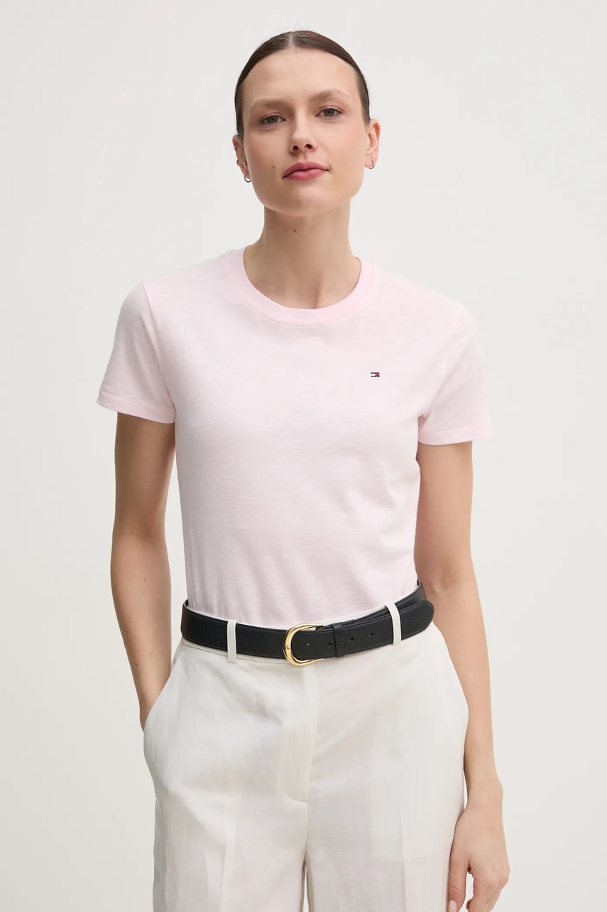 Levně Bavlněné tričko Tommy Hilfiger růžová barva, WW0WW44433