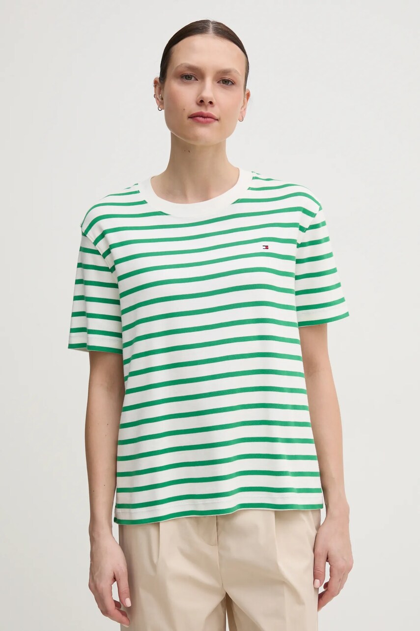 Levně Bavlněné tričko Tommy Hilfiger zelená barva, WW0WW46158