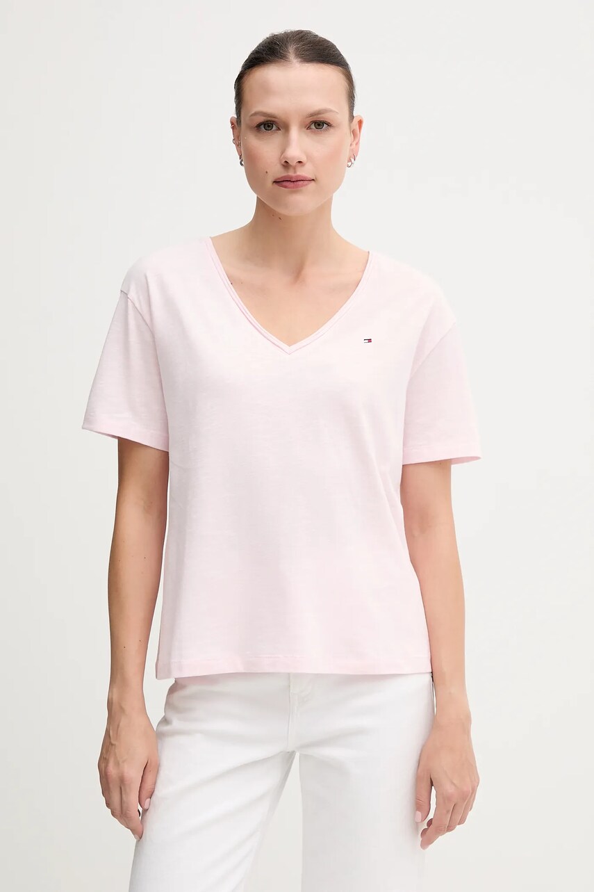 Levně Bavlněné tričko Tommy Hilfiger dámské, růžová barva, WW0WW43901