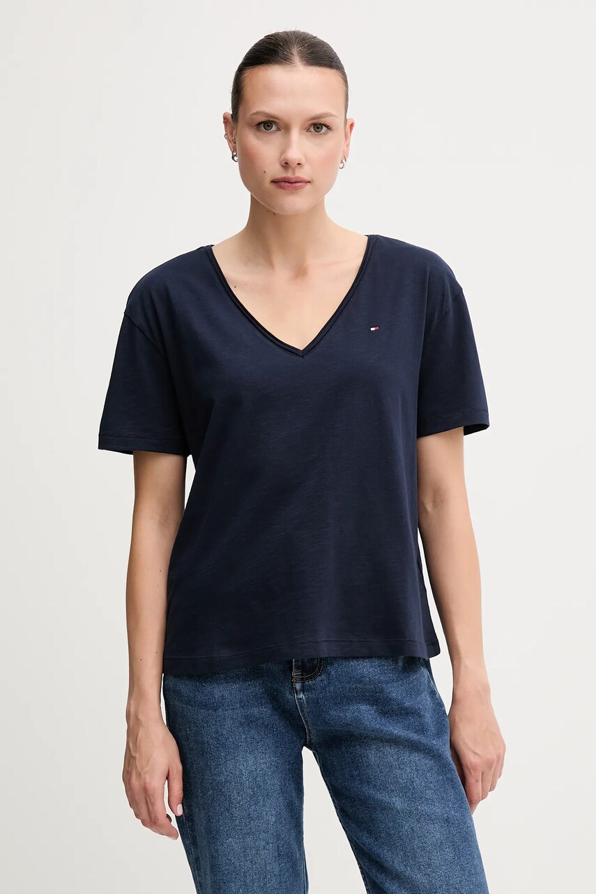 Levně Bavlněné tričko Tommy Hilfiger dámské, tmavomodrá barva, WW0WW43901