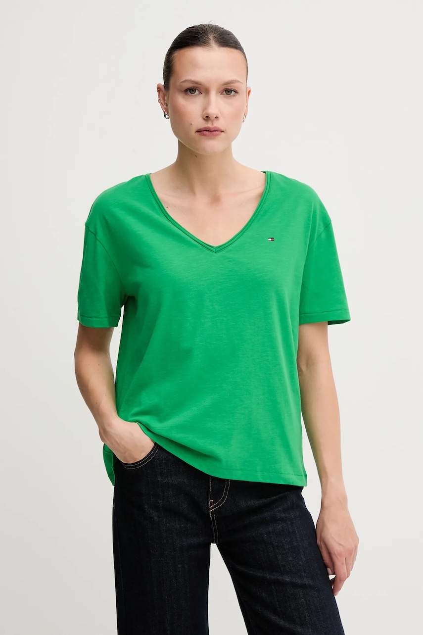Levně Bavlněné tričko Tommy Hilfiger dámské, zelená barva, WW0WW43901