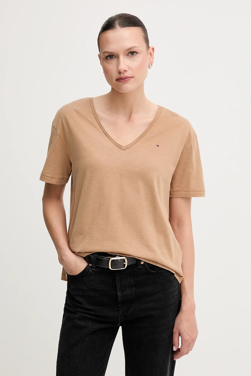 Levně Bavlněné tričko Tommy Hilfiger dámské, hnědá barva, WW0WW43901