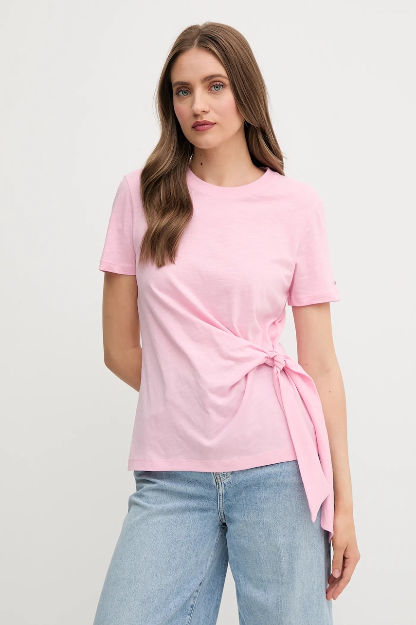 Levně Bavlněné tričko Tommy Hilfiger dámské, růžová barva, WW0WW44559