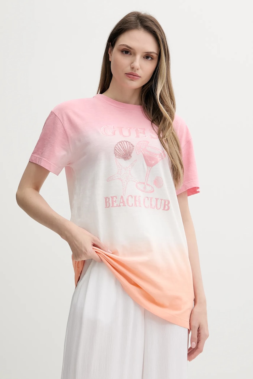 Levně Bavlněné tričko Guess dámské, růžová barva, E5GI01 K8G01