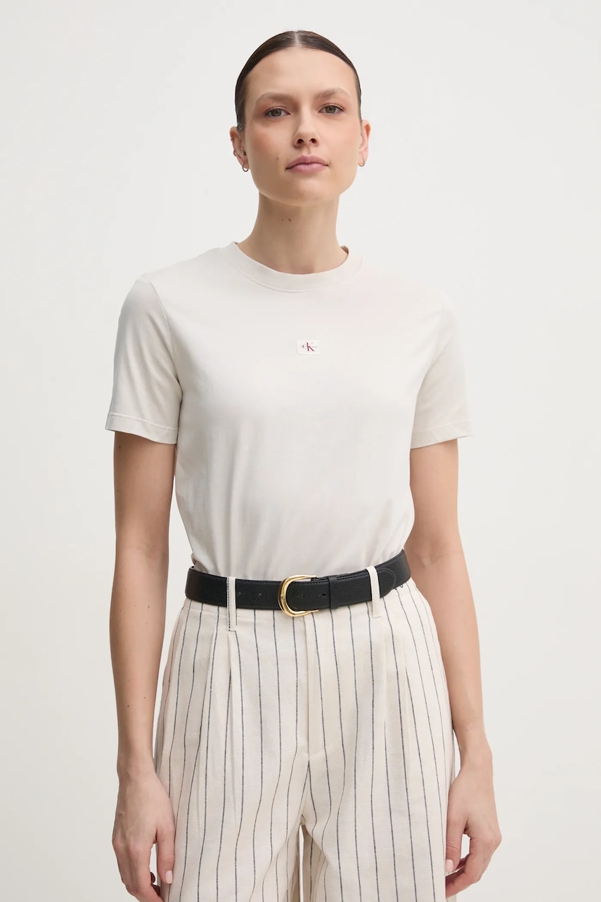 Levně Bavlněné tričko Calvin Klein Jeans béžová barva, J20J225243