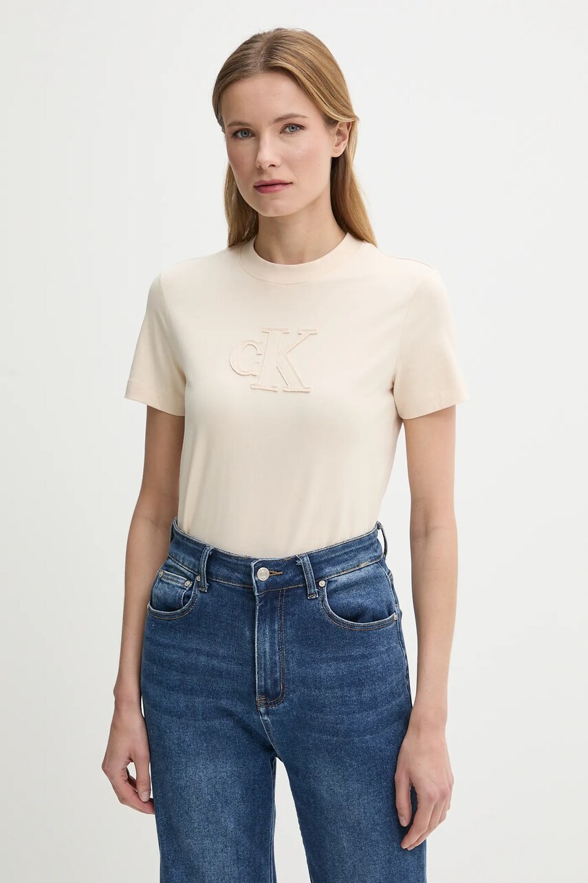 Levně Bavlněné tričko Calvin Klein Jeans dámské, béžová barva, J20J225256