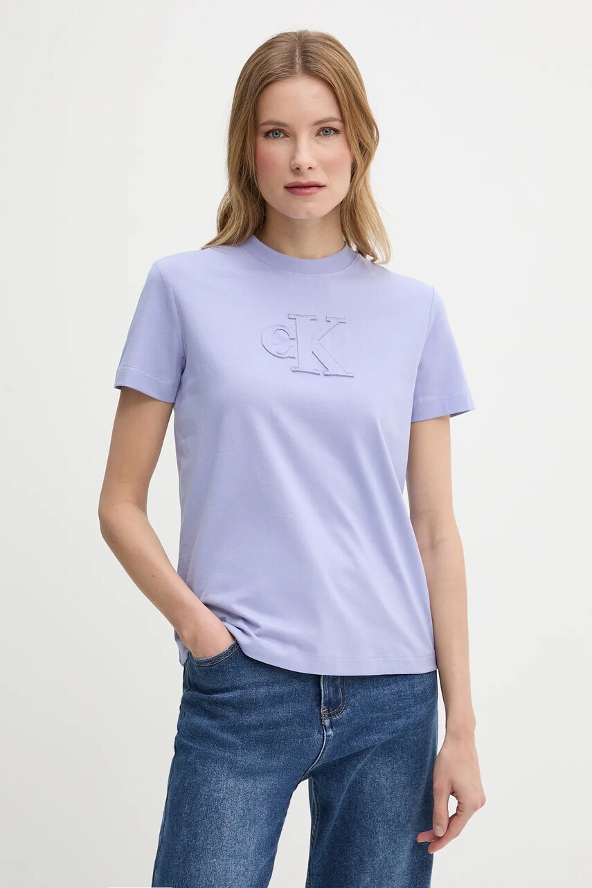 Levně Bavlněné tričko Calvin Klein Jeans dámské, fialová barva, J20J225256