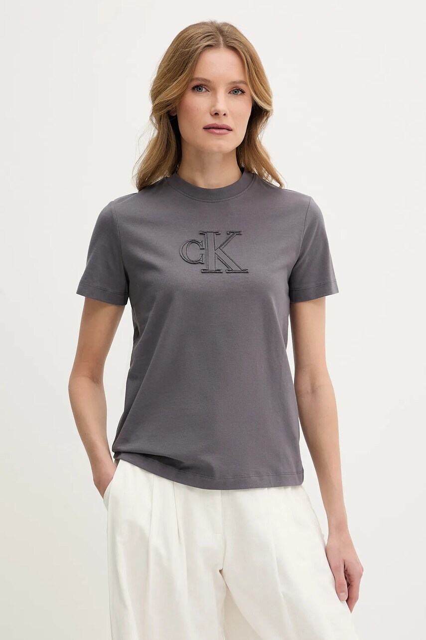 Levně Bavlněné tričko Calvin Klein Jeans dámské, šedá barva, J20J225256