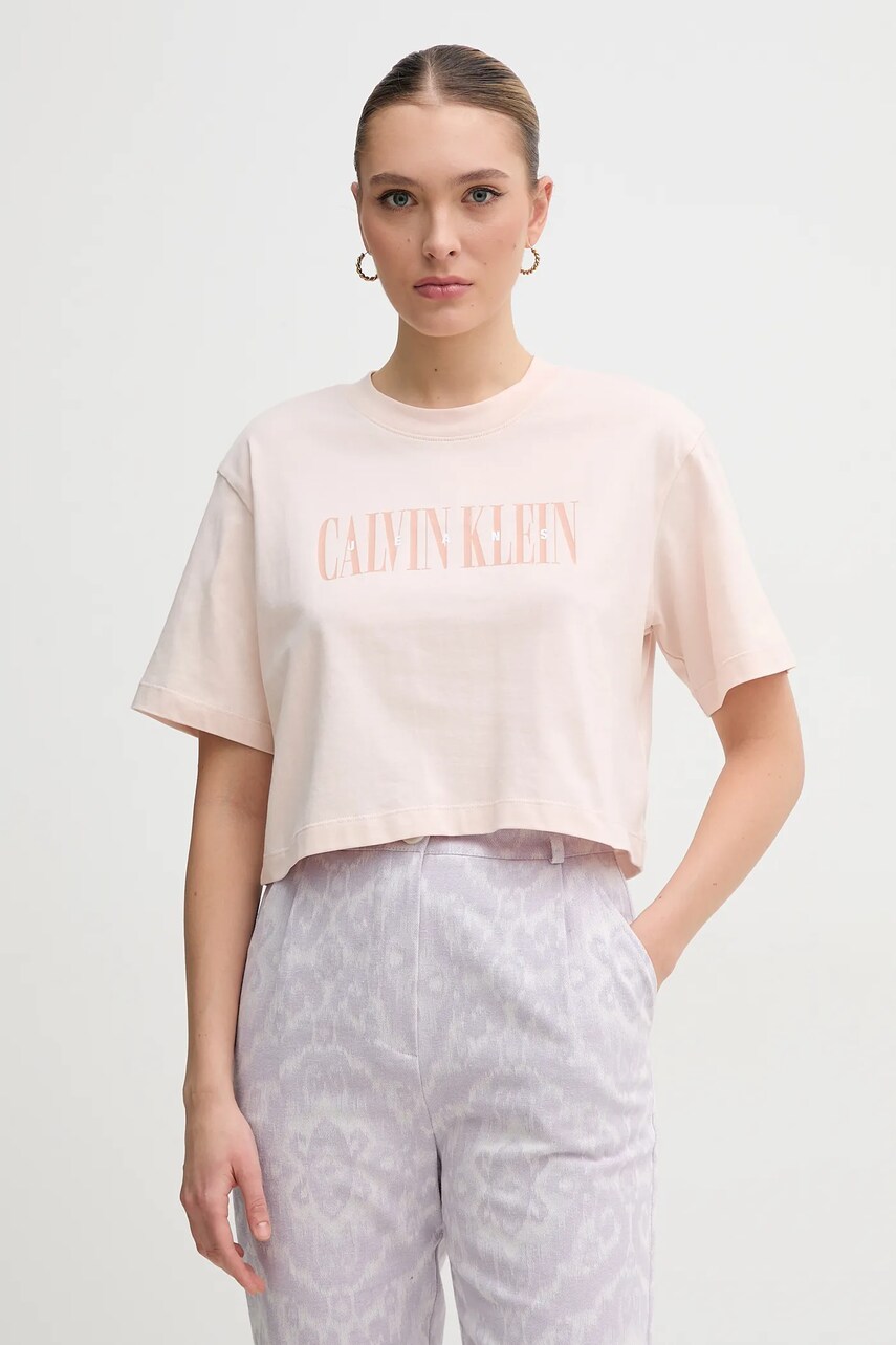 Levně Bavlněné tričko Calvin Klein Jeans růžová barva, J20J225578