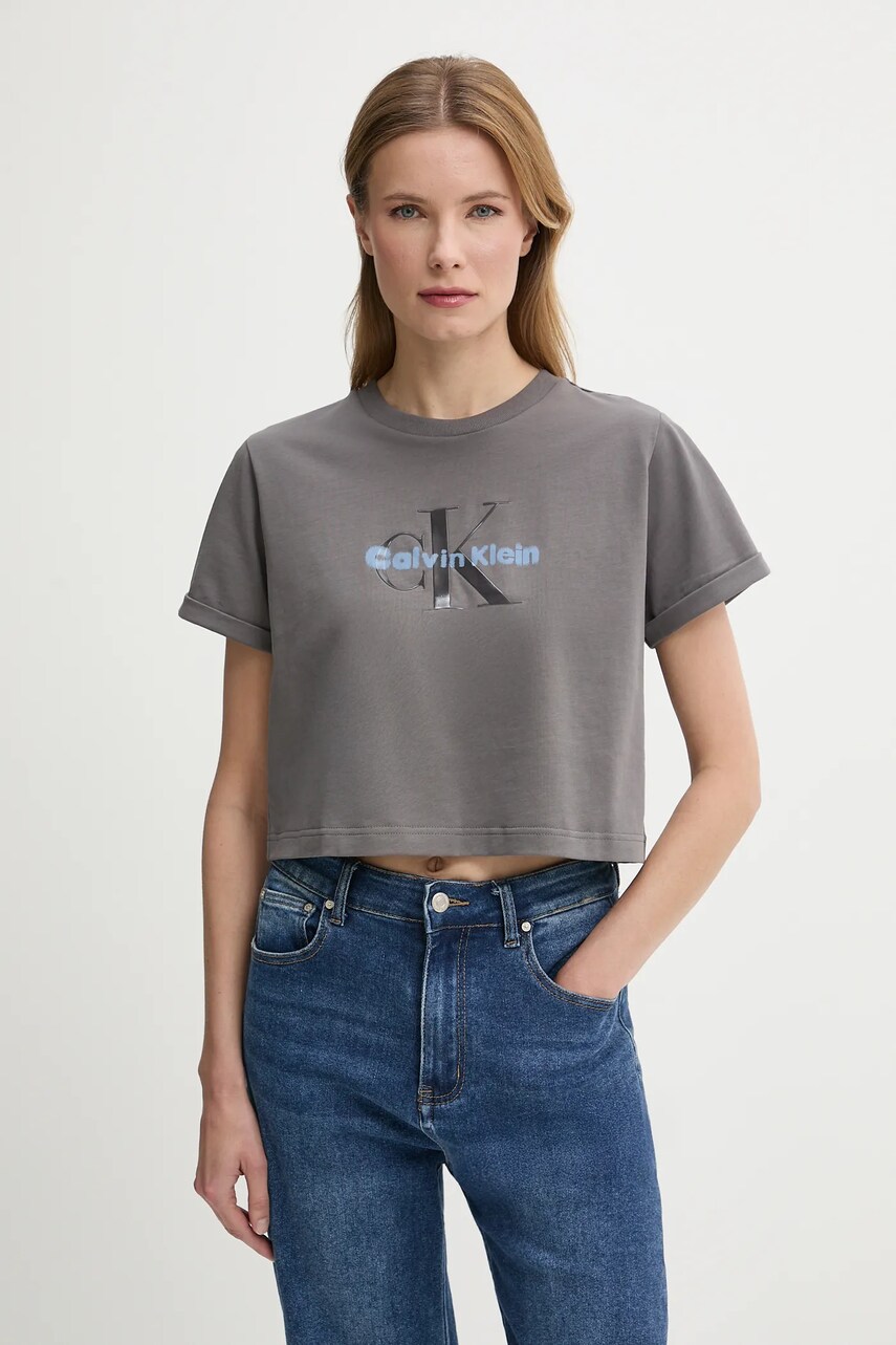 Levně Bavlněné tričko Calvin Klein Jeans dámské, šedá barva, LV047AB814