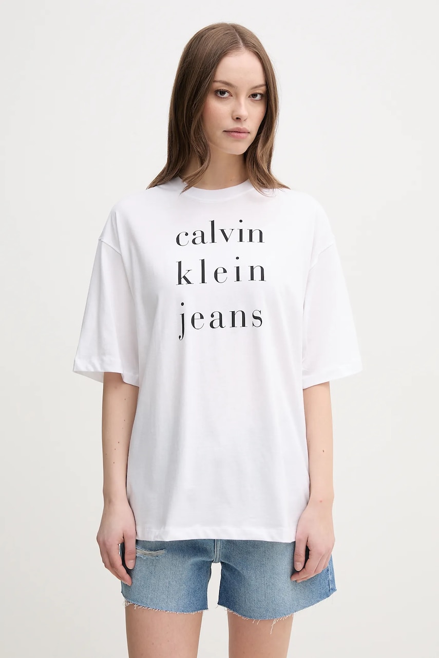 Levně Bavlněné tričko Calvin Klein Jeans bílá barva, LV047B827G