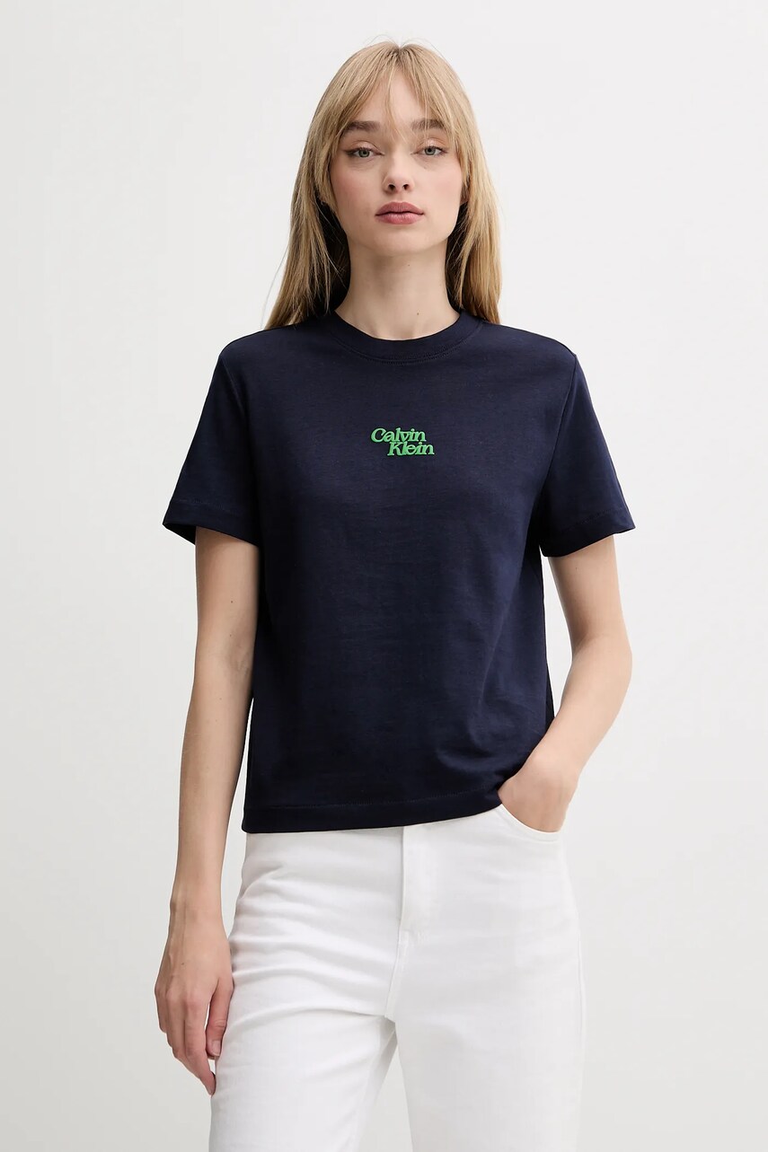 Levně Bavlněné tričko Calvin Klein Jeans dámské, tmavomodrá barva, LV047B851G