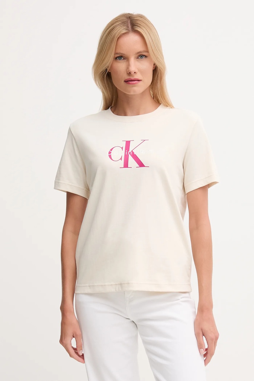 

Памучна тениска Calvin Klein Jeans дамска в бяло LV047B865G, Бежов