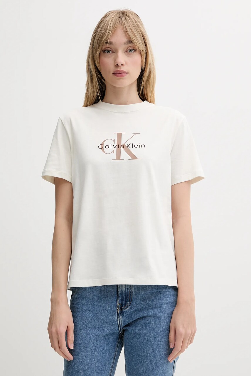 Levně Bavlněné tričko Calvin Klein Jeans dámské, béžová barva, LV047B865G