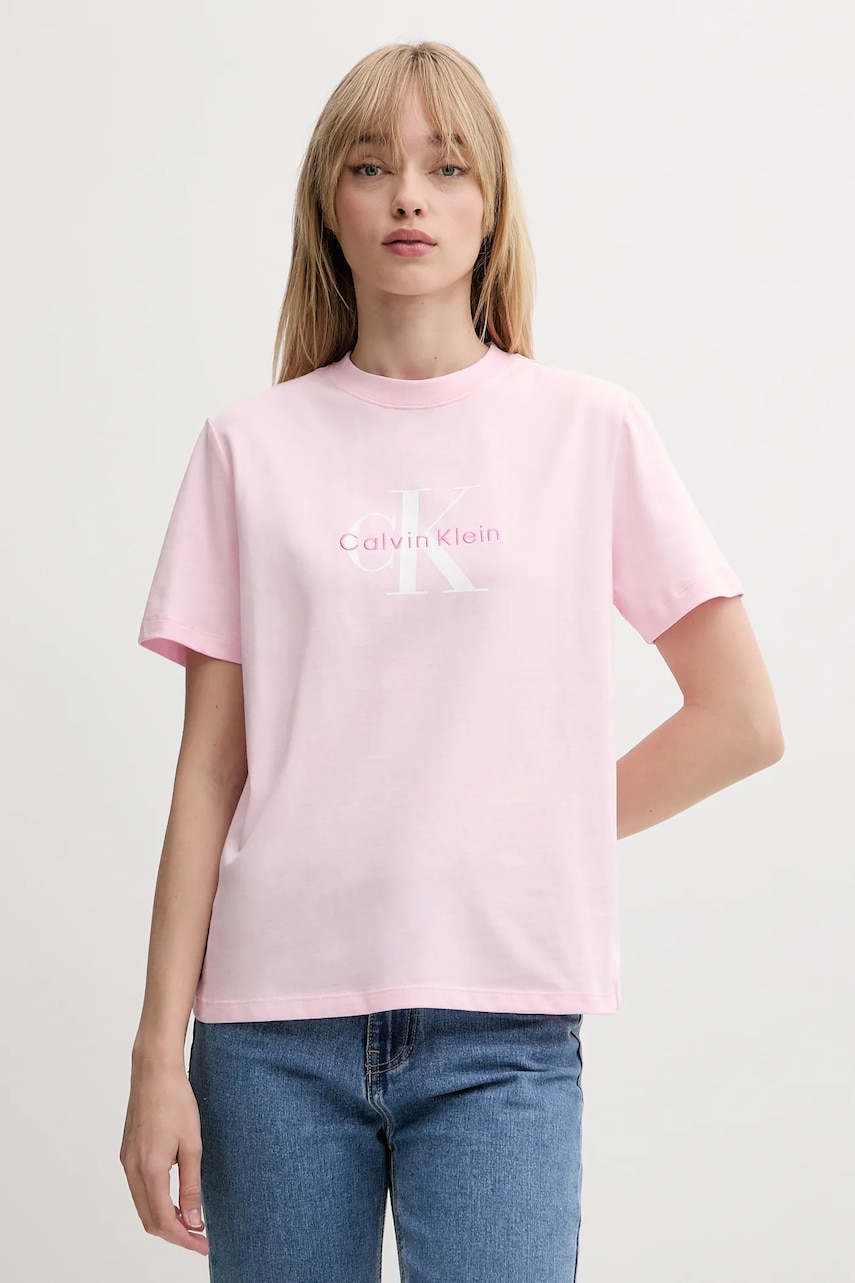 Levně Bavlněné tričko Calvin Klein Jeans dámské, růžová barva, LV047B865G