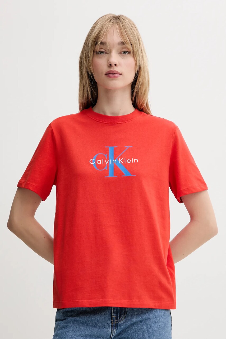 Levně Bavlněné tričko Calvin Klein Jeans dámské, červená barva, LV047B865G