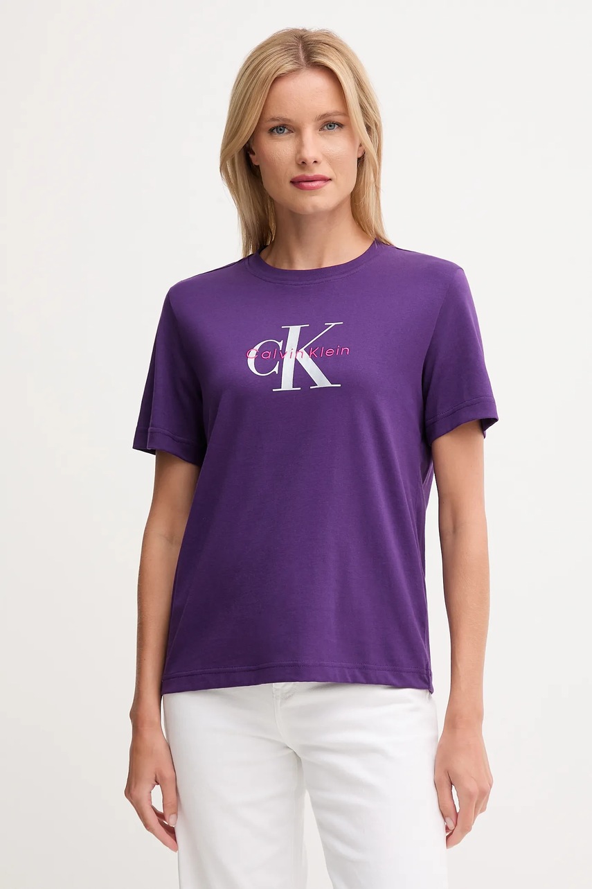 

Памучна тениска Calvin Klein Jeans дамска в бяло LV047B865G, Виолетов