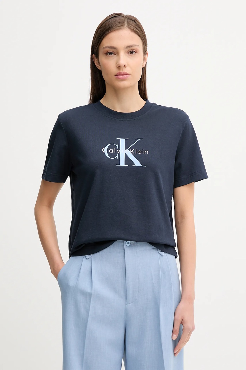 Levně Bavlněné tričko Calvin Klein Jeans dámské, tmavomodrá barva, LV047B865G
