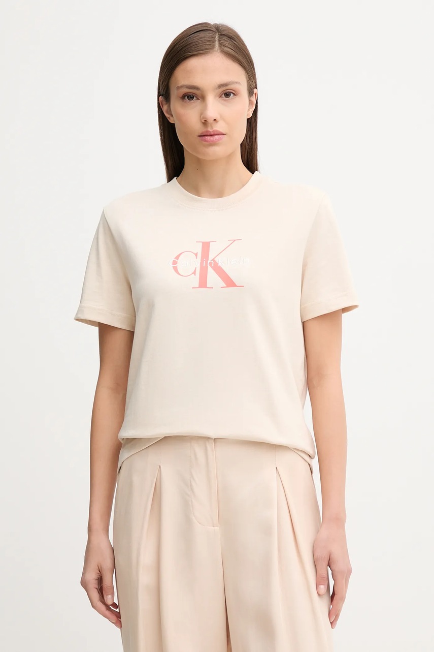 Levně Bavlněné tričko Calvin Klein Jeans dámské, béžová barva, LV047B865G