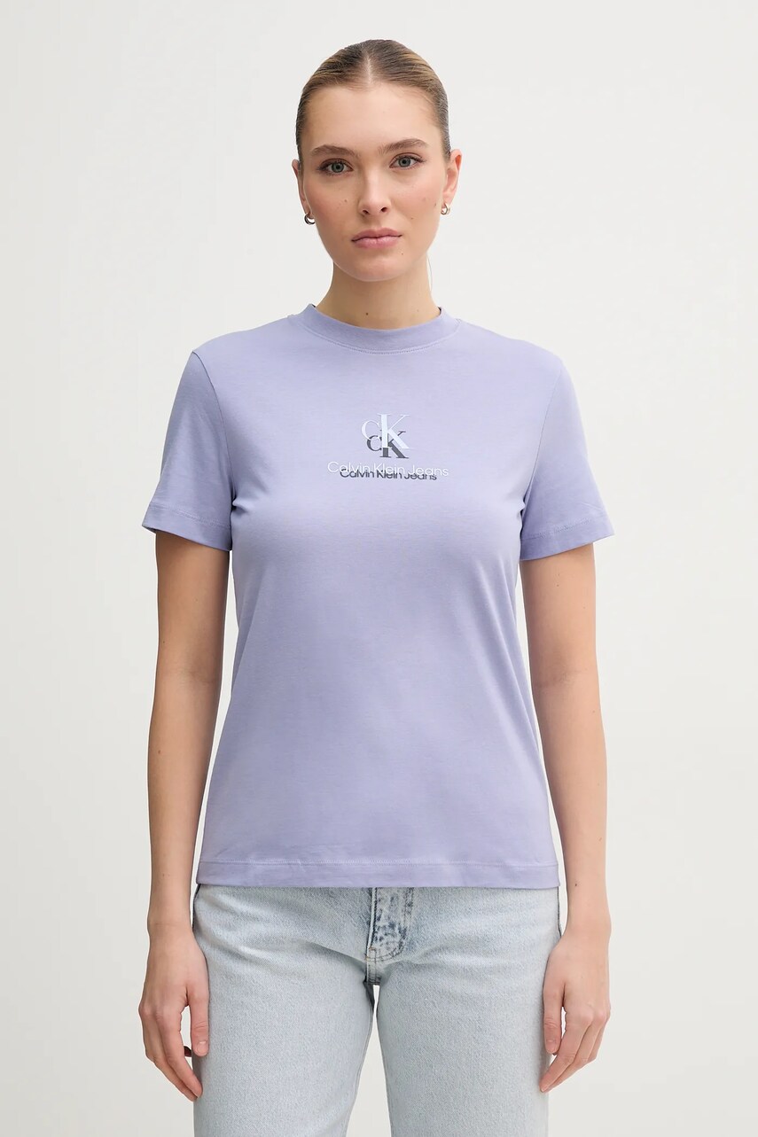 Levně Bavlněné tričko Calvin Klein Jeans fialová barva, J20J225545