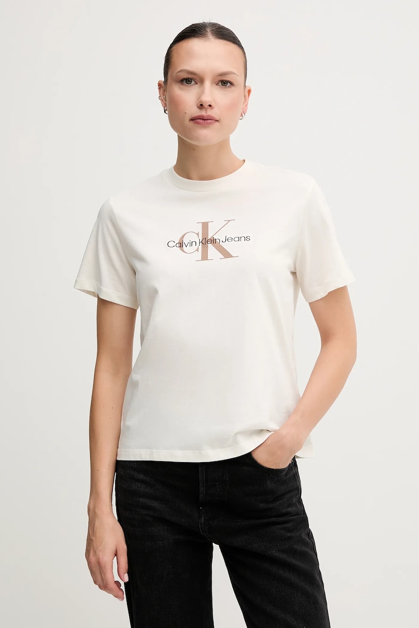 Levně Bavlněné tričko Calvin Klein Jeans béžová barva, LV047B863G