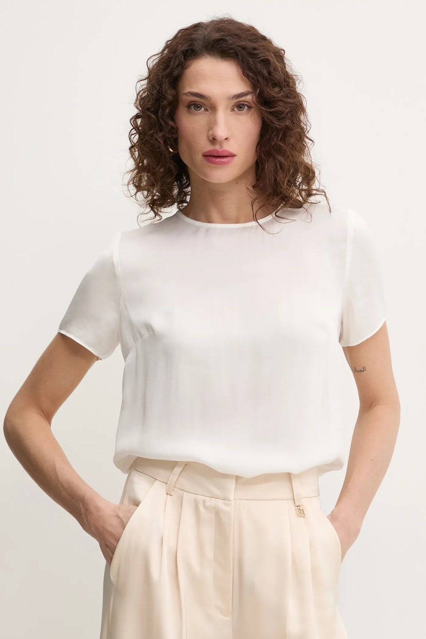 Fracomina bluză de mătase femei, culoarea alb, uni, FR25ST1032W77401 Fracomina bluză de mătase femei, culoarea alb, uni, FR25ST1032W77401