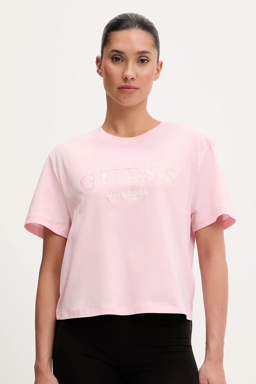 Levně Bavlněné tričko Guess CLEMATIS dámské, růžová barva, V5GI09 K9RM1