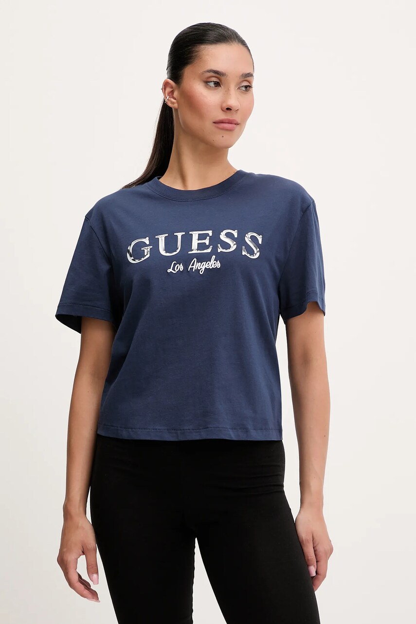 Levně Bavlněné tričko Guess CLEMATIS dámské, tmavomodrá barva, V5GI09 K9RM1