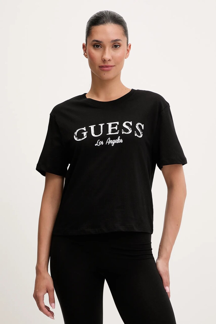 Levně Bavlněné tričko Guess CLEMATIS dámské, černá barva, V5GI09 K9RM1