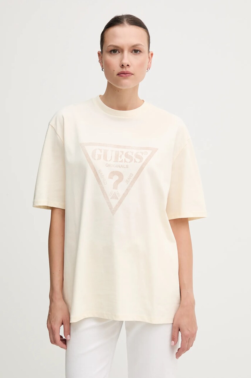 Levně Bavlněné tričko Guess Originals dámské, béžová barva, M5GI10 K8FQ4