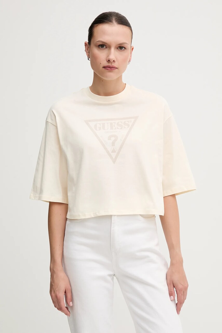 Levně Bavlněné tričko Guess Originals dámské, béžová barva, W5GI58 K8HM0