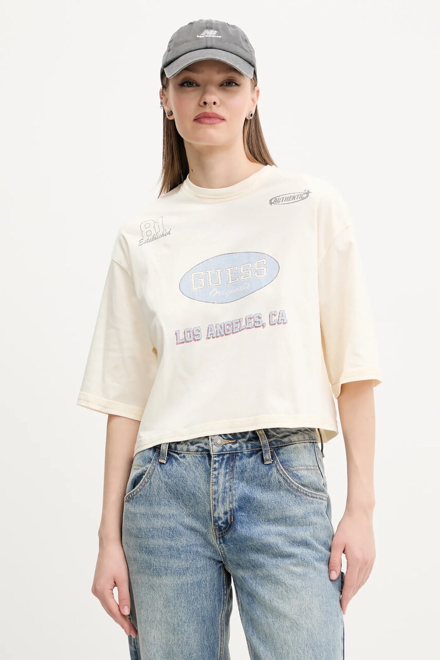 Levně Bavlněné tričko Guess Originals béžová barva, W5GI34 K8HM0